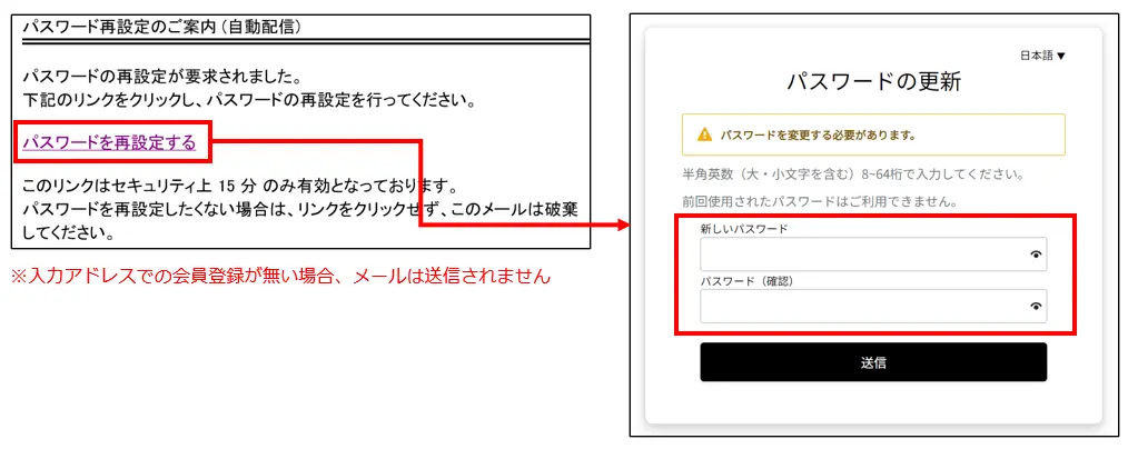 パスワード再設定のご案内メールとパスワードの更新画面